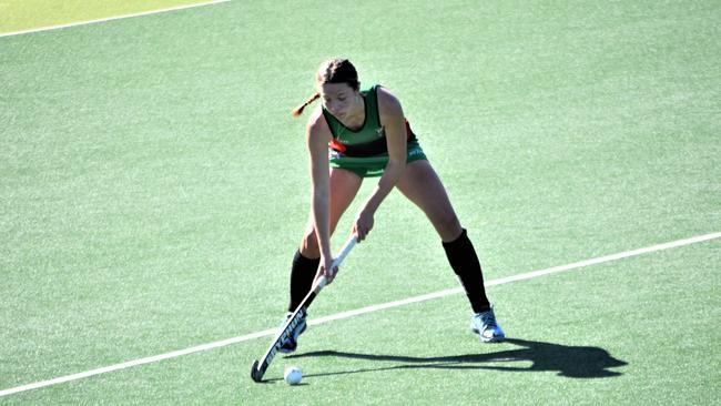 Goulburn player concentrates at the NSW U-18s girl hockey championships on May 21,2021.