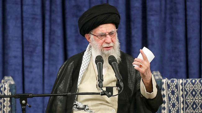 A handout picture provided by the office of Iran's Supreme Leader Ayatollah Ali Khamenei on July 28, 2024, shows him delivering a speech during the official presidential endorsement ceremony of President-elect Masoud Pezeshkian (not pictured). Iran's supreme leader Ayatollah Ali Khamenei gave his official endorsement of reformist Masoud Pezeshkian as the Islamic Republic's ninth President on July 28, ahead of his swearing-in before parliament on July 30. (Photo by KHAMENEI.IR / AFP) / RESTRICTED TO EDITORIAL USE - MANDATORY CREDIT "AFP PHOTO /KHAMENEI.IR" - NO MARKETING NO ADVERTISING CAMPAIGNS - DISTRIBUTED AS A SERVICE TO CLIENTS