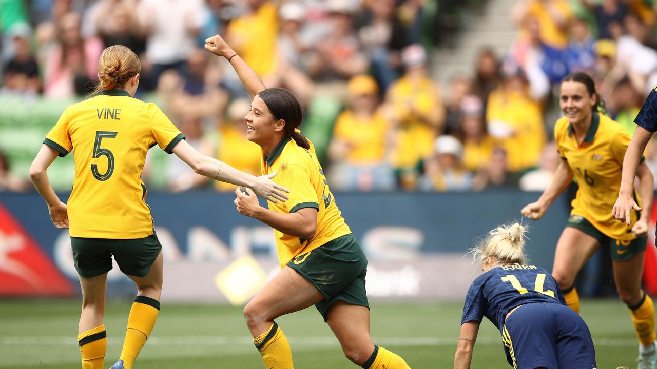 Matildas' Sam Kerr celebrates after scoring a goal during the international friendly match between Australia Matildas and Sweden at AAMI Park on November 12, 2022 in Melbourne, Australia.  (Photo by Robert Cianflone/Getty Images)