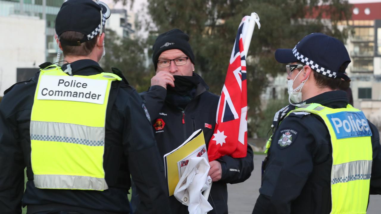 Anti-maskers hold a protest on the forecourt of the Shrine of Remembrance. Picture: David Crosling / NCA NewsWire