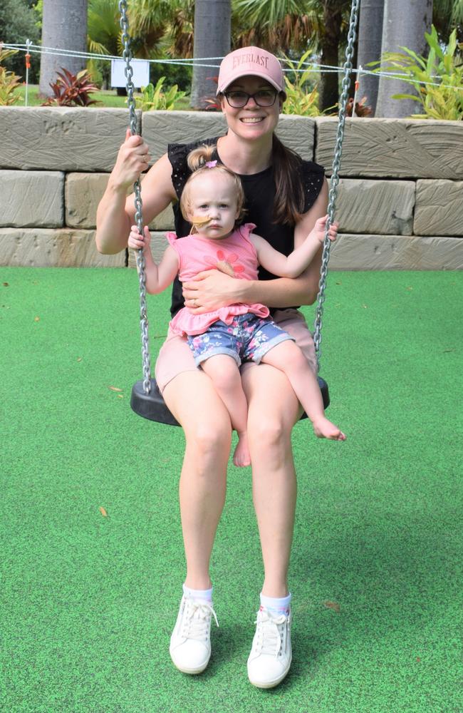 Angela and Kirra Thompson at the redeveloped playground at Rockhampton Botanic Gardens on March 11, 2023. Picture: Aden Stokes