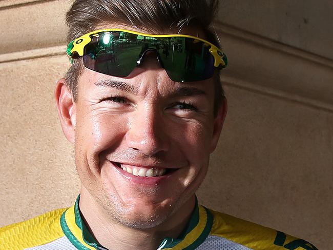 CYCLING - Heinrich Haussler proudly wearing his National Jersey after winning the championship yesterday - ready to go out on a training ride for next week's Tour Down Under. Photo Sarah Reed.