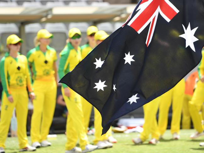 CANBERRA, AUSTRALIA - FEBRUARY 01: The Australian team walk out during the Women's T20 Tri-Series Game 2 between Australia and England at Manuka Oval on February 01, 2020 in Canberra, Australia. (Photo by Tracey Nearmy/Getty Images)