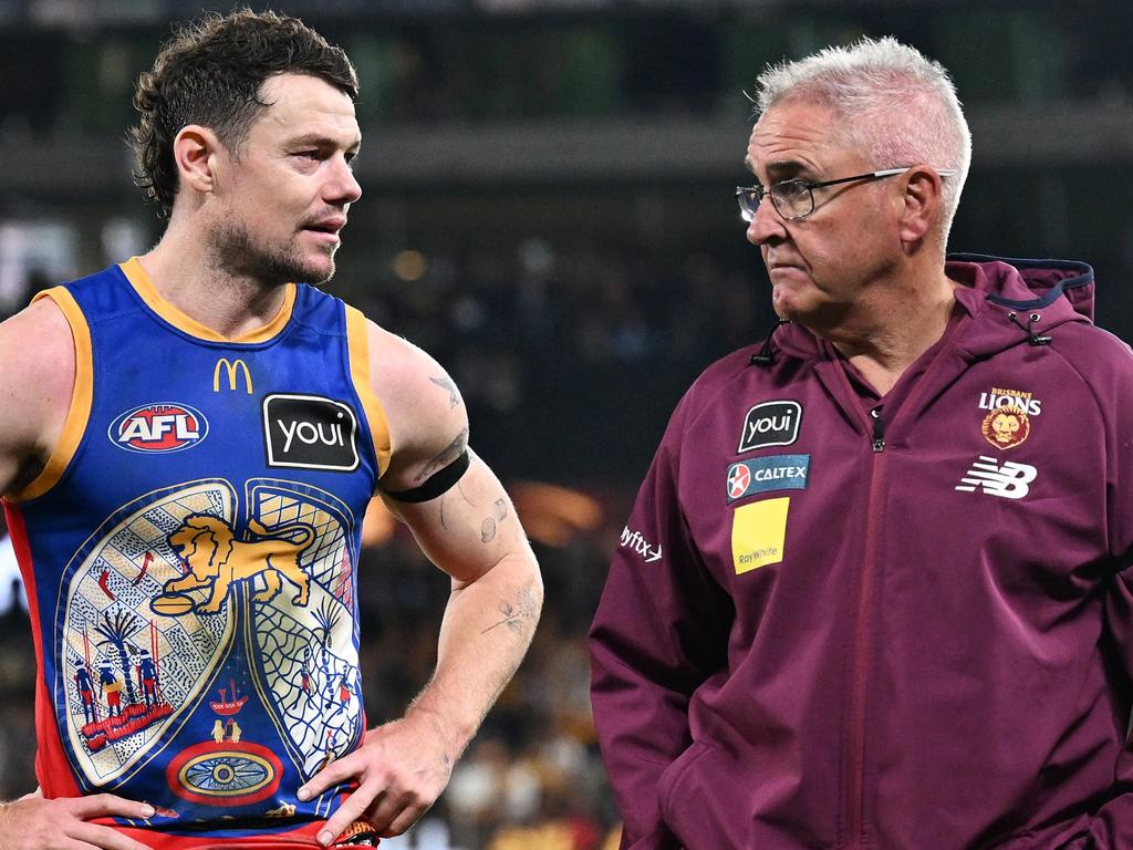 Lachie Neale and Chris Fagan after the Lions’ loss to Hawthorn. Picture: Daniel Pockett/Getty Images