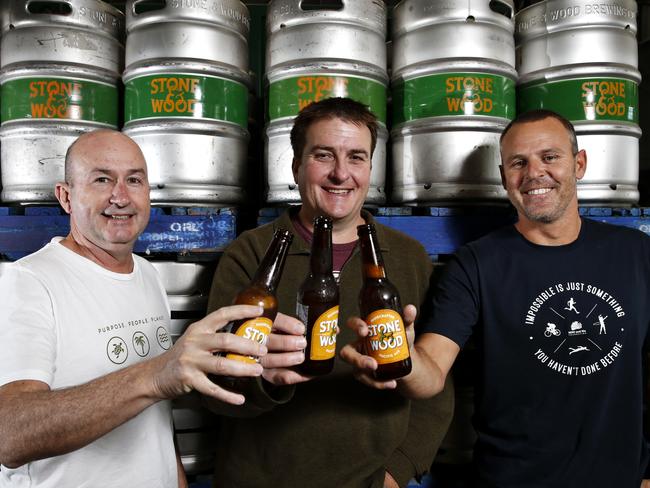 Co founders of Stone and Wood,Jamie Cook, Brad Rogers and Ross Jurisich at their Murwillumbah independent brewery took out the Champion Australian Brewery at the Australian International Beer Awards in Melbourne. Photo: Jerad Williams