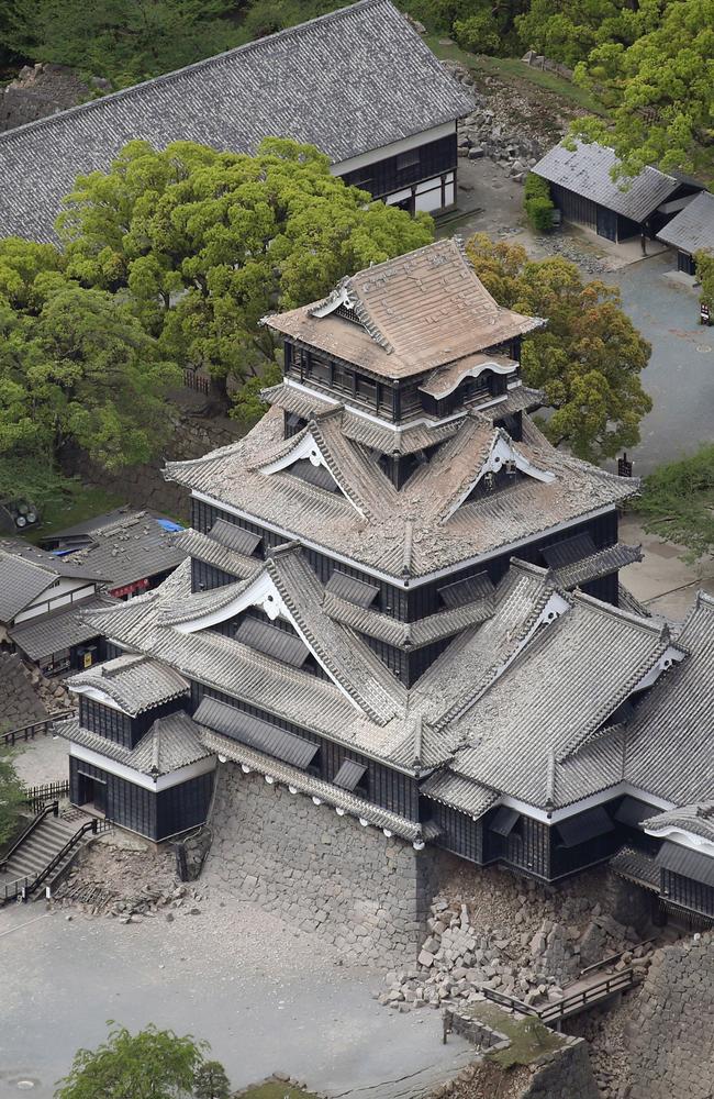 The stonewall of Kumamoto Castle is seen damaged after the earthquake in Kumamoto city, Japan. Picture: Kyodo News.