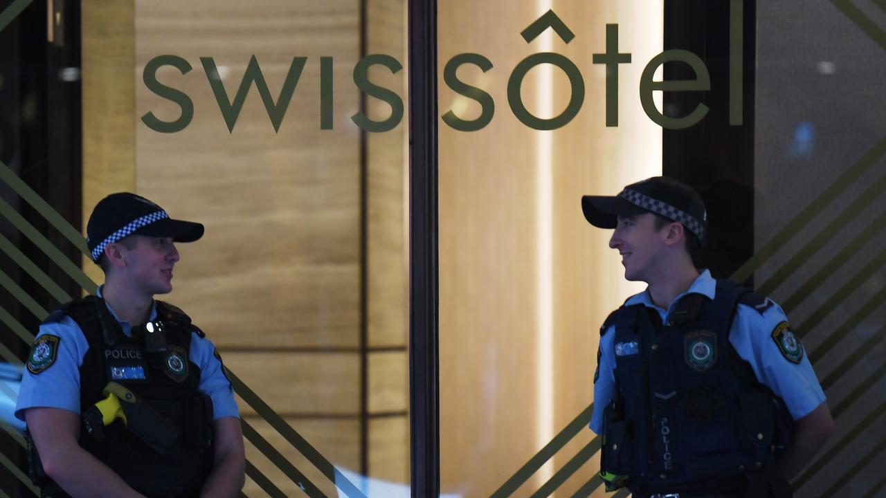 NSW Police stand guard outside the Swissotel Hotel in Sydney where hundreds of Australian passengers from the Norwegian Jewel are in isolation. Picture: AAP Image/Dean Lewins