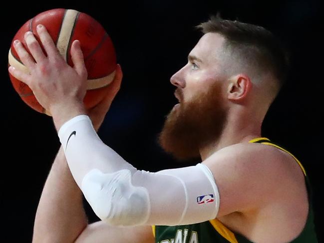 Aron Baynes lines up a shot against the USA. Picture: Getty Images