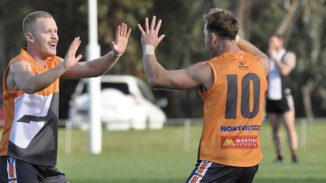 Brothers Toby and Jackson Fisher celebrate a goal in Southern Mallee Giants’ qualifying final win against Horsham Saints. Picture: Georgia Hallam