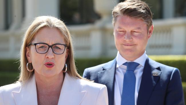 Premier Jacinta Allan and Deputy Premier Ben Carroll hold a press conference after the swearing in ceremony at Government house of the Victorian Ministry. Monday, October 2, 2023. Picture: David Crosling