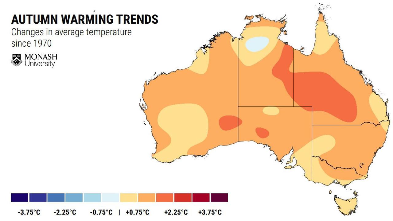 This autumn is unlikely to be record breaking in terms of heat, but over the last few decades the season has been hotting up. Picture: Monash University