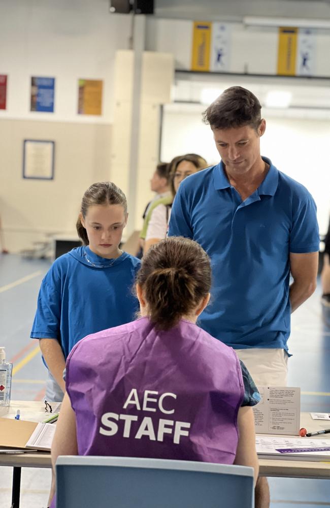 Voters including Phil Scott, Independent candidate for Solomon, arrive at the Parap Primary School to vote in the 2025 Federal Election on May 3, 2025. Picture: Fia Walsh