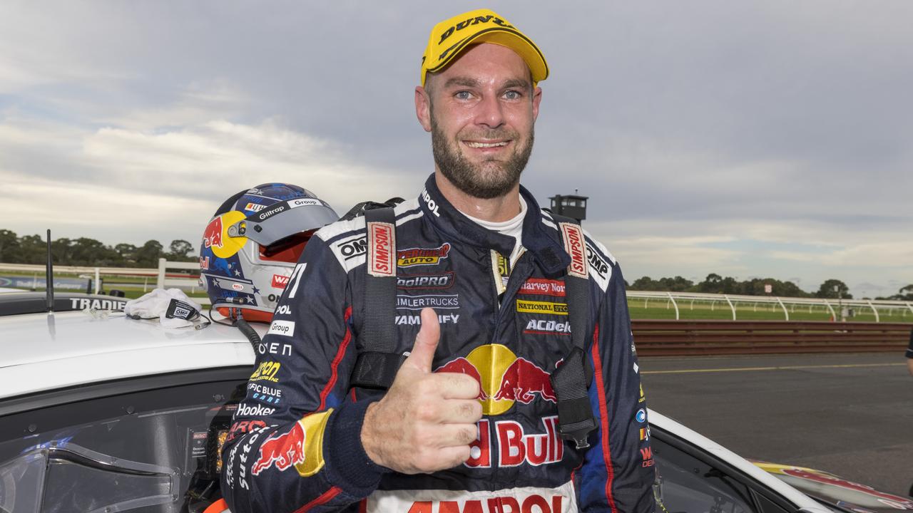 Shane van Gisbergen after a victory at Sandown following his mountain-biking accident in March.