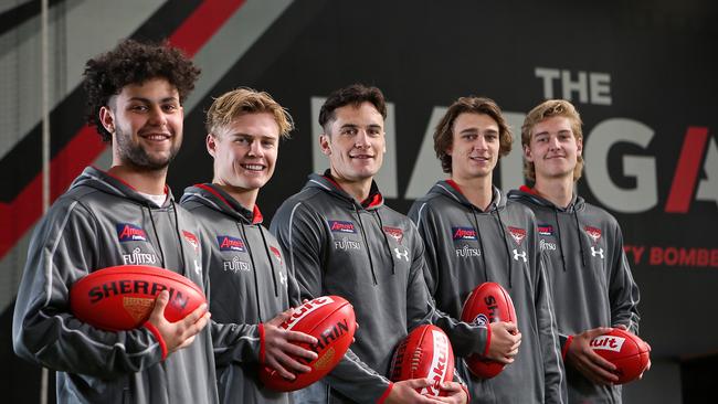 Essendon draftees Lachlan Johnson, Ned Cahill, Mitch Hibberd, Harrison Jones and Nick Bryan. Picture: Martin Keep/Getty Images.