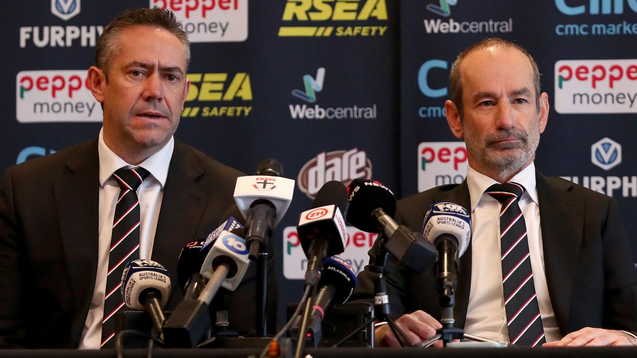 MELBOURNE, AUSTRALIA - OCTOBER 14: Simon Lethlean, Chief Executive Officer and Andrew Bassat, President speak to the media during a St Kilda Saints AFL press conference at RSEA Park on October 14, 2022 in Melbourne, Australia. (Photo by Kelly Defina/Getty Images)