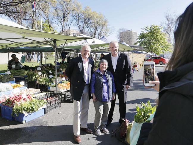 Prime Minister Scott Morrison visited Salamanca Market with Senator Eric Abetz in Hobart on his Tasmania trip. Picture: MATHEW FARRELL