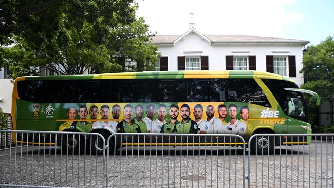 The South Africa team bus outside the Vineyard Hotel where the South Africa and England teams are staying