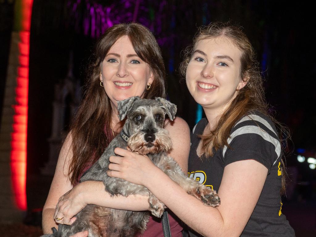 Caitlin Farlow, Ricky Farlow (dog) and Georgia Farlow at Daly Bay Illuminate Queens Park Goldsmith Street, East Mackay Thursday 5 October 2023 Picture:Michaela Harlow