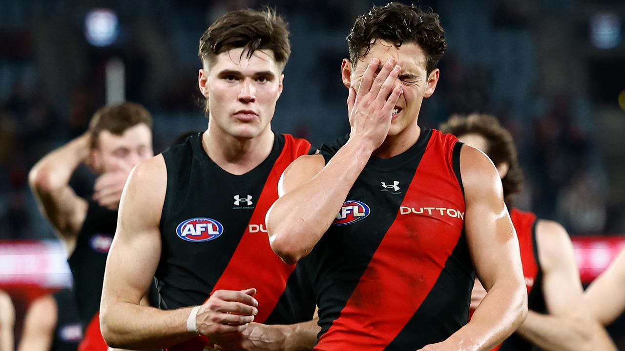 MELBOURNE, AUSTRALIA - JULY 27: Jye Caldwell of the Bombers looks dejected after a loss during the 2024 AFL Round 20 match between the St Kilda Saints and the Essendon Bombers at Marvel Stadium on July 27, 2024 in Melbourne, Australia. (Photo by Michael Willson/AFL Photos via Getty Images)