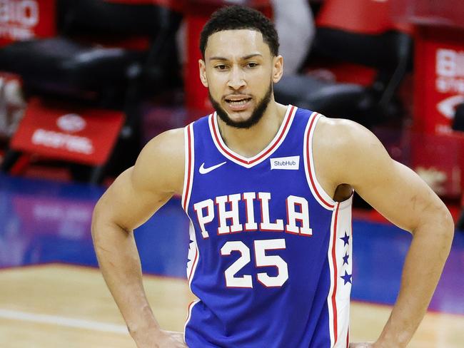 PHILADELPHIA, PENNSYLVANIA - MARCH 01: Ben Simmons #25 of the Philadelphia 76ers calls to teammates during the third quarter against the Indiana Pacers at Wells Fargo Center on March 01, 2021 in Philadelphia, Pennsylvania. NOTE TO USER: User expressly acknowledges and agrees that, by downloading and or using this photograph, User is consenting to the terms and conditions of the Getty Images License Agreement.   Tim Nwachukwu/Getty Images/AFP == FOR NEWSPAPERS, INTERNET, TELCOS & TELEVISION USE ONLY ==