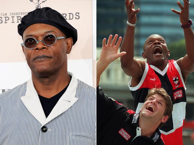 Actor Samuel L Jackson tried on a St Kilda jumper in 1998 and even had a kick with Robert Harvey, who is even more famous than him.