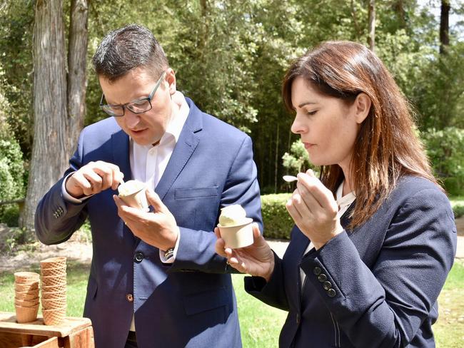 Robertson federal Liberal MP Lucy Wicks, and the Assistant Minister for Treasury and Finance Zed Seselja sample the gelato