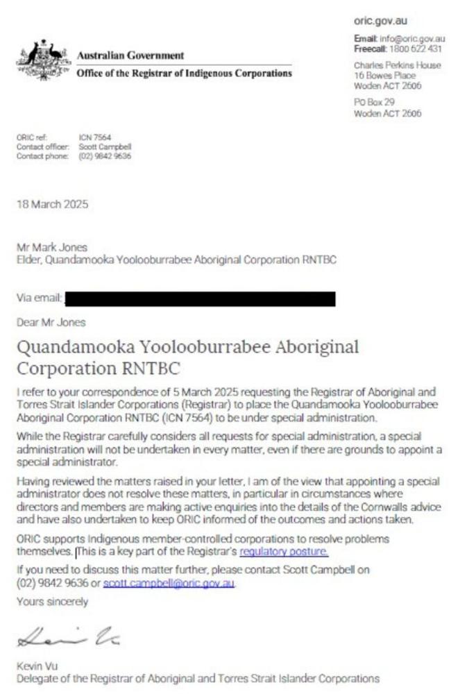 The ORIC reply to island elder Mark Jones’s call for QYAC to be put into administration.