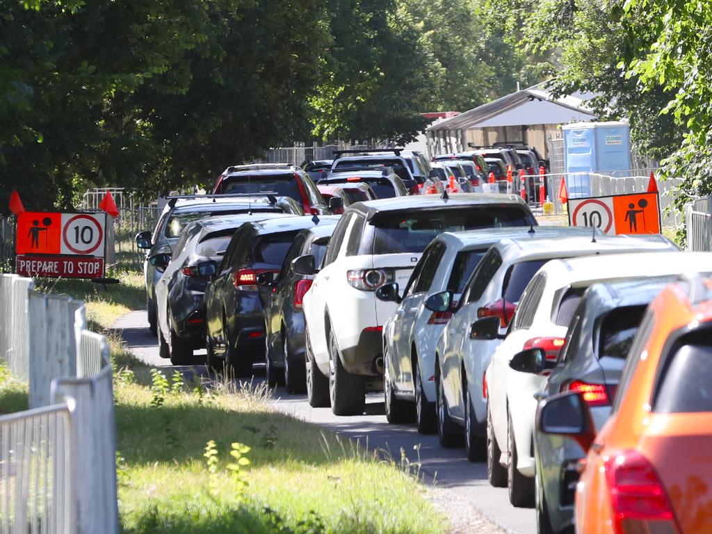 Albert Park testing facility reached capacity shortly after 6am, with some people showing up as early as 4.30am. Picture: David Crosling