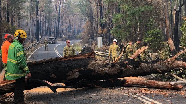 The army helping emergency services clear a felled tree between Orbost and Mallacoota. Picture: Department of Defence