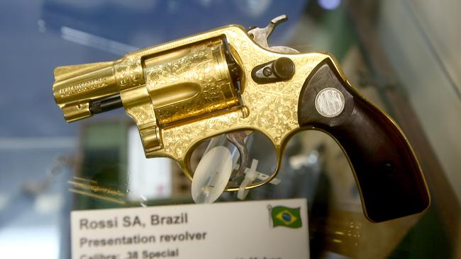 A pistol at the now closed Lithgow Small Arms Factory Museum in NSW. It was given to Lady Sonia McMahon by the Brazilian government. Picture: Chris Pavlich