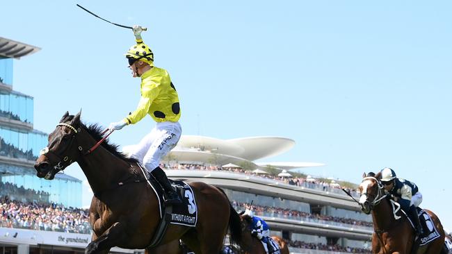 Mark Zahra wins the Melbourne Cup with Without A Fight. Picture: Getty Images)