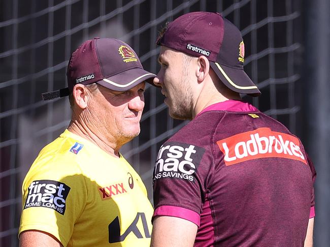 Coach Kevin Walters talking with his son Billy Walters, Brisbane Broncos training, Red Hill. Picture: Liam Kidston