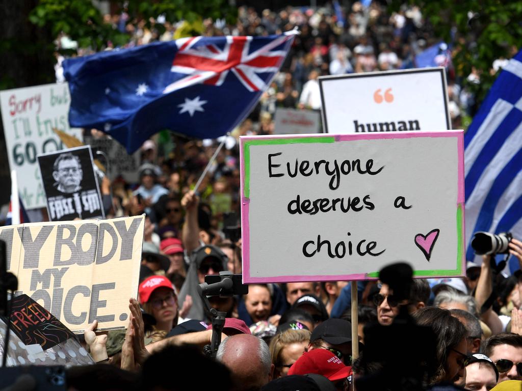 A protest against lockdown and vaccination measures in Melbourne. Picture: William West/AFP