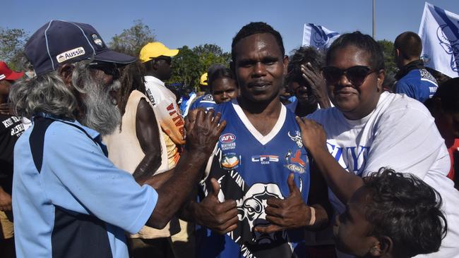 Michael Lorenzo following the win in the Tiwi Island Football League grand final between the Tuyu Buffaloes and the Pumarali Thunder. Picture: Max Hatzoglou