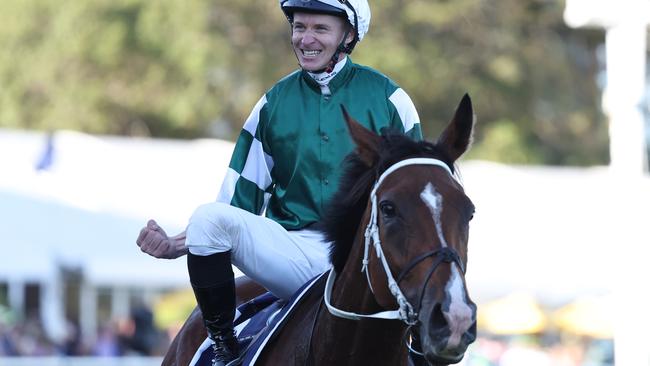 James McDonald celebrates after Via Sistina won the Queen Elizabeth Stakes. Photo: Jeremy Ng/Getty Images.