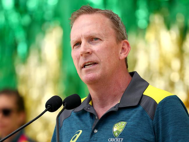 MELBOURNE, AUSTRALIA - MARCH 09: Kevin Roberts CEO of Cricket Australia speaks as the Australian Women's T20 World Cup team celebrate after winning the ICC Women's T20 World Cup Final, at Federation Square on March 09, 2020 in Melbourne, Australia. (Photo by Kelly Defina/Getty Images)