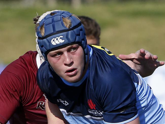 Waratahs' Luca Cleverley with the ball. Junior Rugby Union. Under 18s NSW Waratahs  v Queensland Reds. Picture: John Appleyard