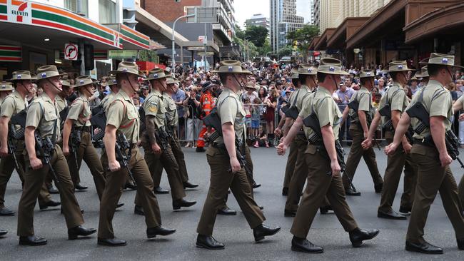 Anzac Day Parade through Brisbane CBD in 2019. Picture Annette Dew