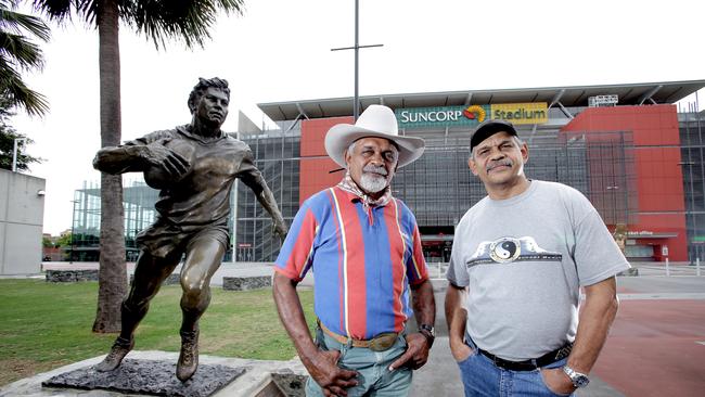 Vern (cowboy hat) and Frank Daisy, legendary Foley Shield footballers. Picture: Mark Cranitch