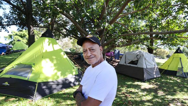 Matangirau 'Uncz' Hira in front of the camp before becoming ill. Picture: Glenn Hampson.