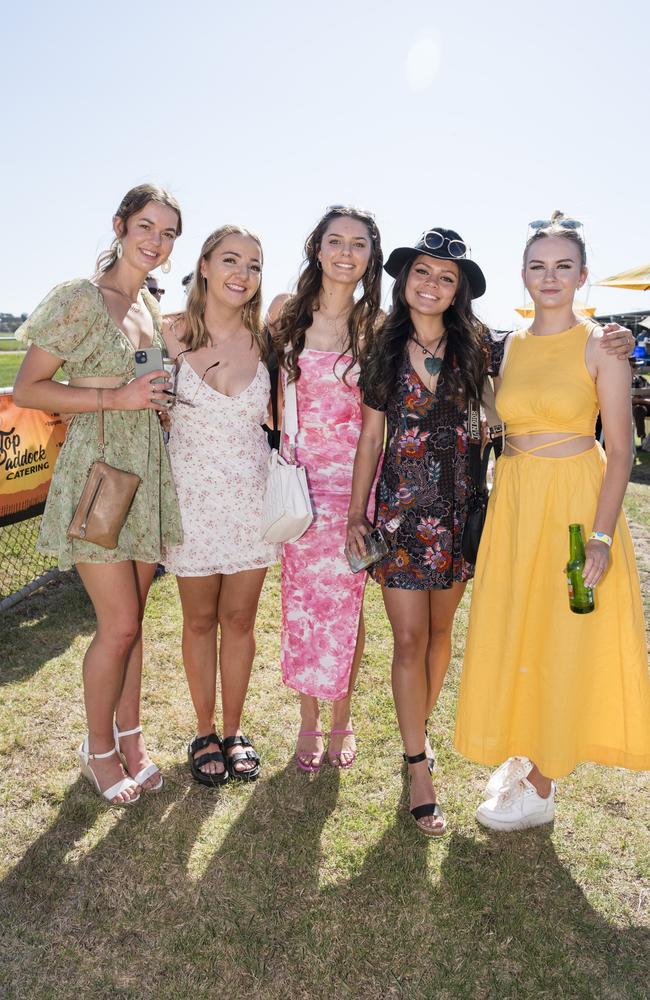 At Warwick Cup race day are (from left) Brianna Mullaly, Laura Ryan, Chelsea Longney, Amaea Petera and Bridie McLennan at Allman Park Racecourse, Saturday, October 14, 2023. Picture: Kevin Farmer