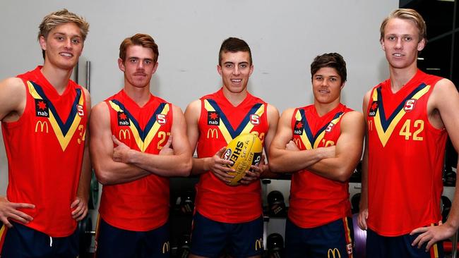 South Australia’s under-18 captain Luke Valente (middle) with fellow leadership members, from left, Jackson Hately, Jez McLennan, Tom Lewis and Jack Lukosius. Picture: Deb Curtis.