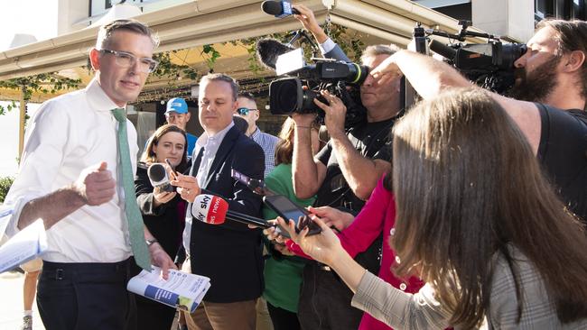 NSW Premier Dominic Perrottet fronts the press pack at Chatswood before heading west. Picture: NCA Newswire/ Monique Harmer