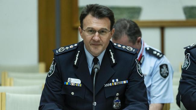 The Commissioner of the Australian Federal Police Reece Kershaw during a Parliamentary Joint Committee on Intelligence and Security hearing. Picture: Gary Ramage