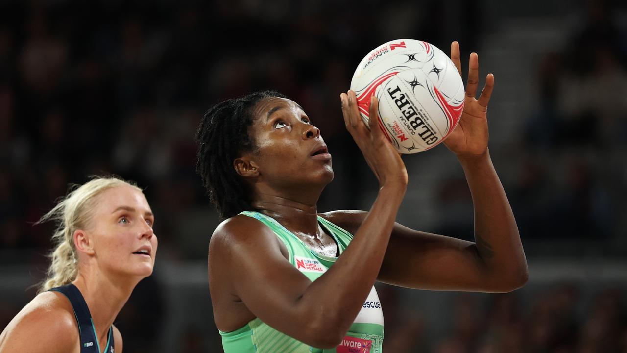 Jhaniele Fowler-Nembhard of the Fever shoots during the round three Super Netball match between Melbourne Vixens and West Coast Fever at John Cain Aren. Picture: Daniel Pockett/Getty Images.