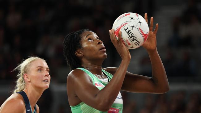 Jhaniele Fowler-Nembhard of the Fever shoots during the round three Super Netball match between Melbourne Vixens and West Coast Fever at John Cain Aren. Picture: Daniel Pockett/Getty Images.