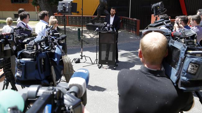 Richmond CEO Brendon Gale announces the retirement of Tigers defender Alex Rance at the Swinburne Centre in Melbourne. Picture: Getty Images