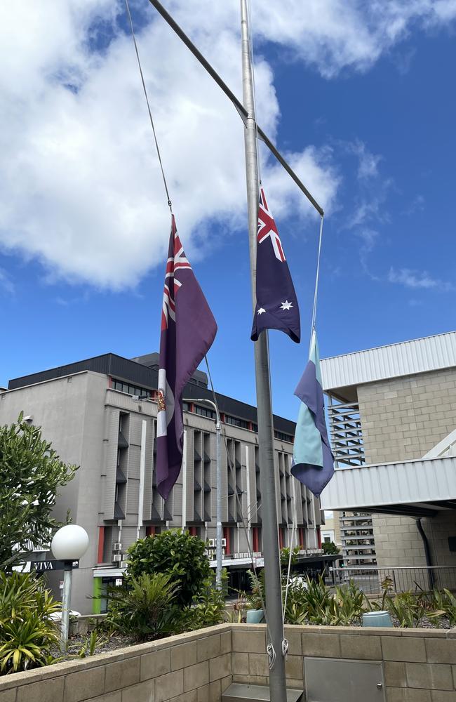 The flags were at half mast to honour two fallen police officers. Picture: Leighton Smith.