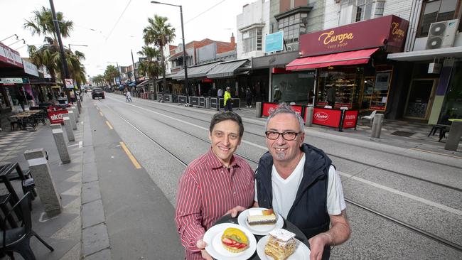 Leon Siapantas, from Le Bon Cakes and Nick Andriotakis, from Europa — two of Acland Street’s famous cake shops — are desperate to save the strip. Picture: Andrew Tauber