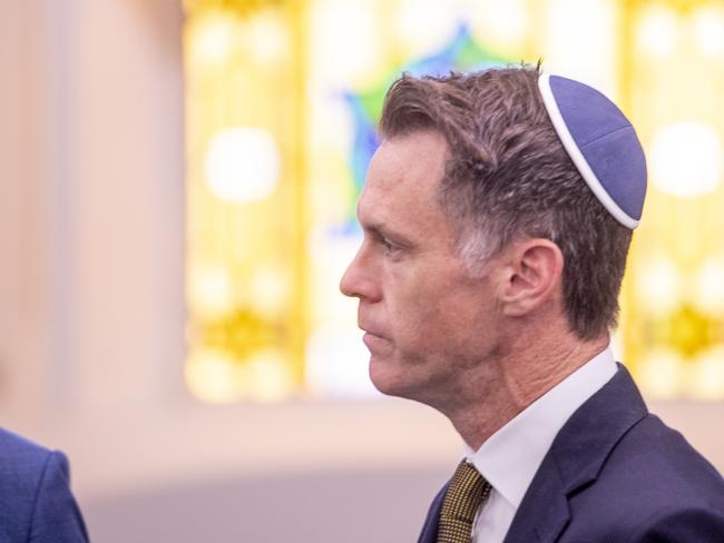 Premier Chris Minns during a visit to the Emanuel Synagogue in Woollahra after anti-Israel graffiti was sprayed across building and cars. Picture: Jeremy Piper